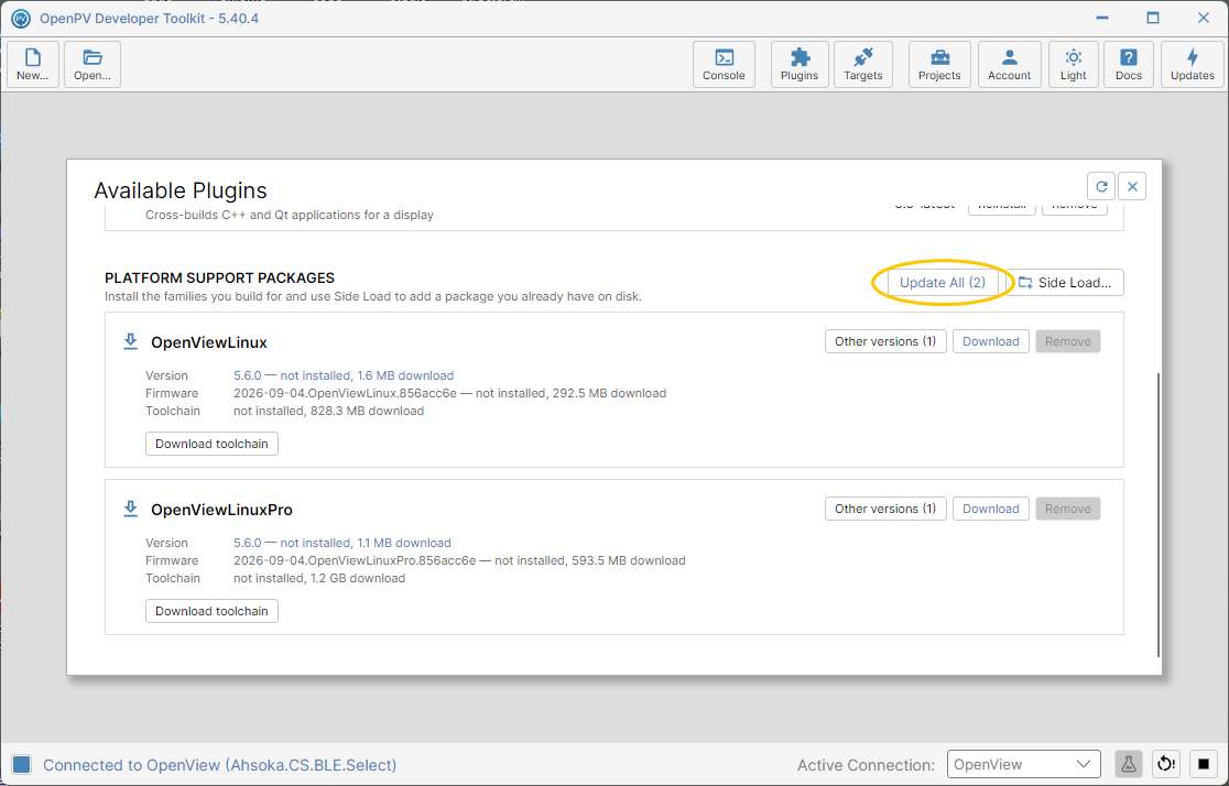 The Update All button under Platform Support Packages