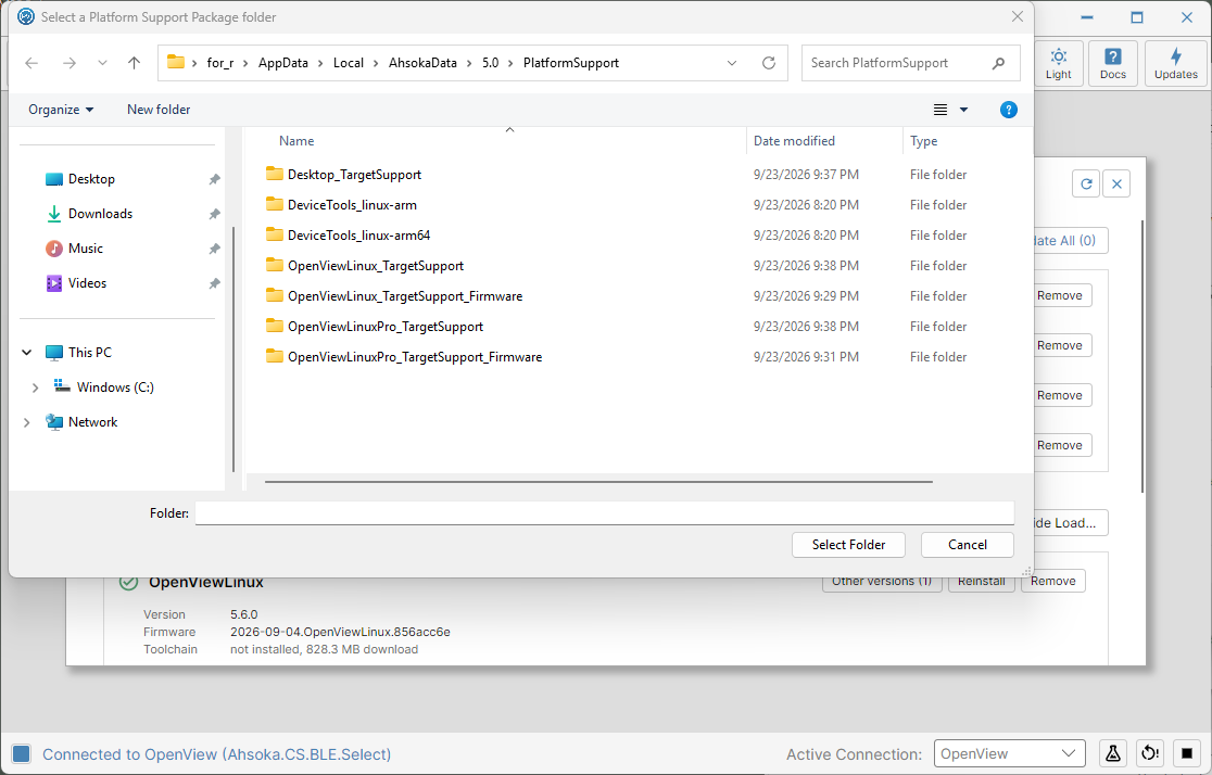 The Select a Platform Support Package folder dialog