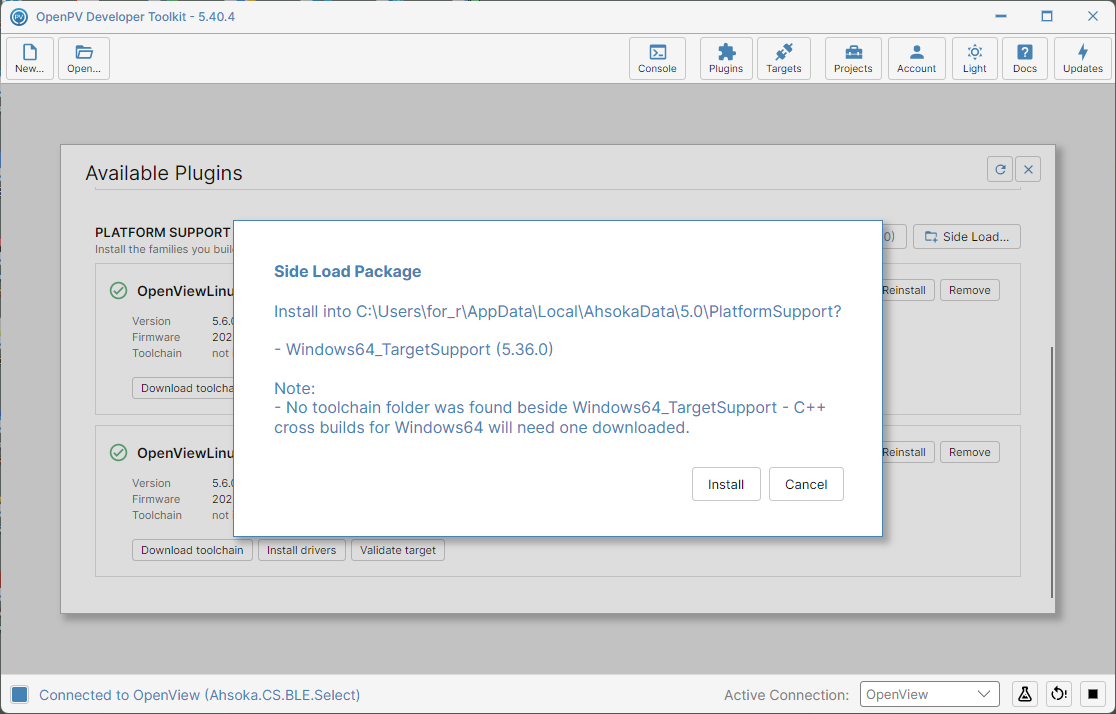 The Side Load Package confirmation, naming the package and a missing-toolchain note