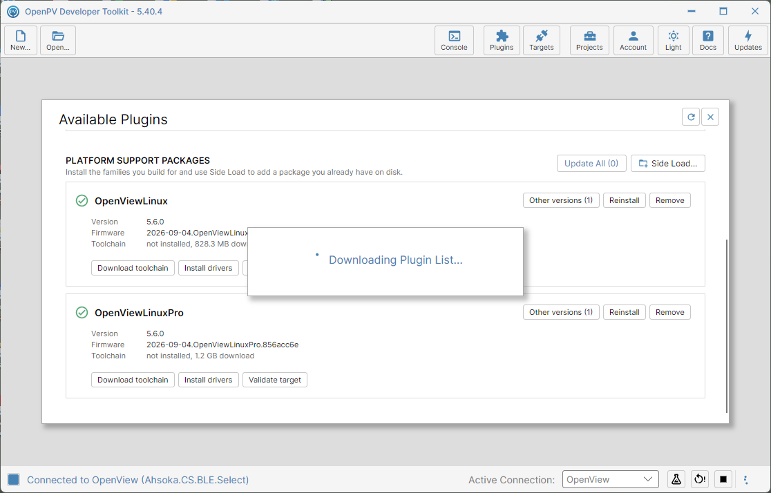 The brief Downloading Plugin List progress dialog