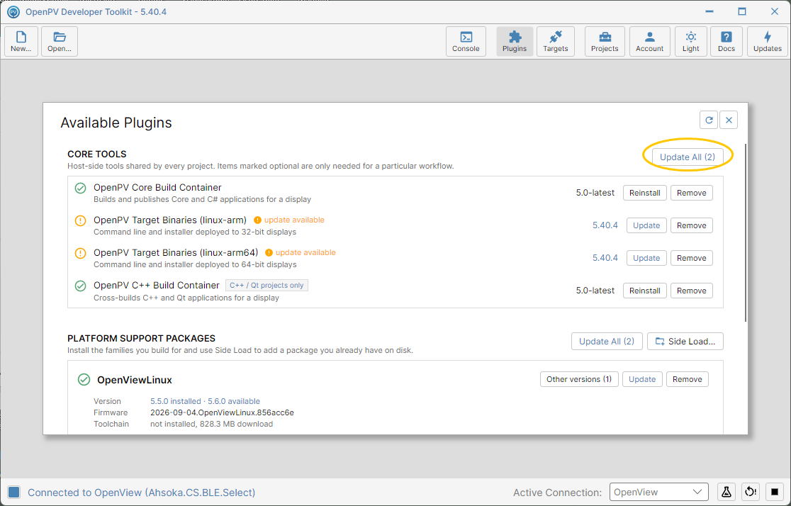 The Update All button under Core Tools