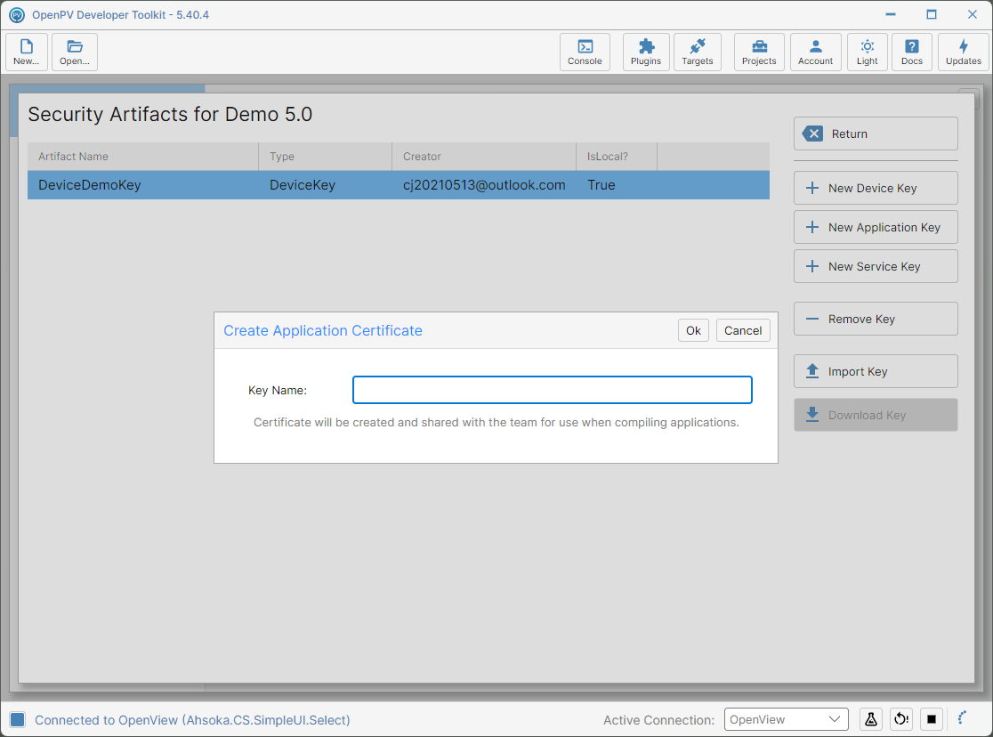 The Create Application Certificate dialog