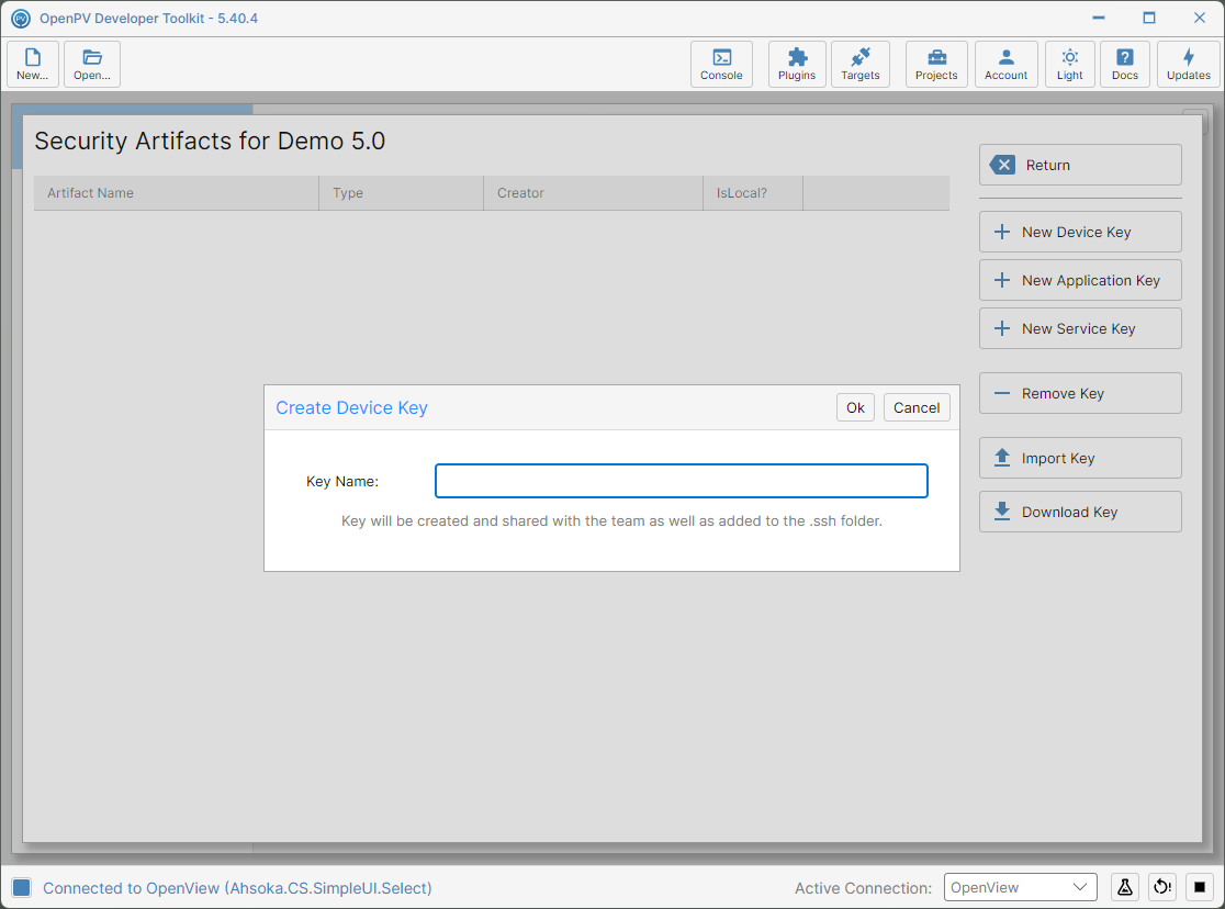 The Create Device Key dialog