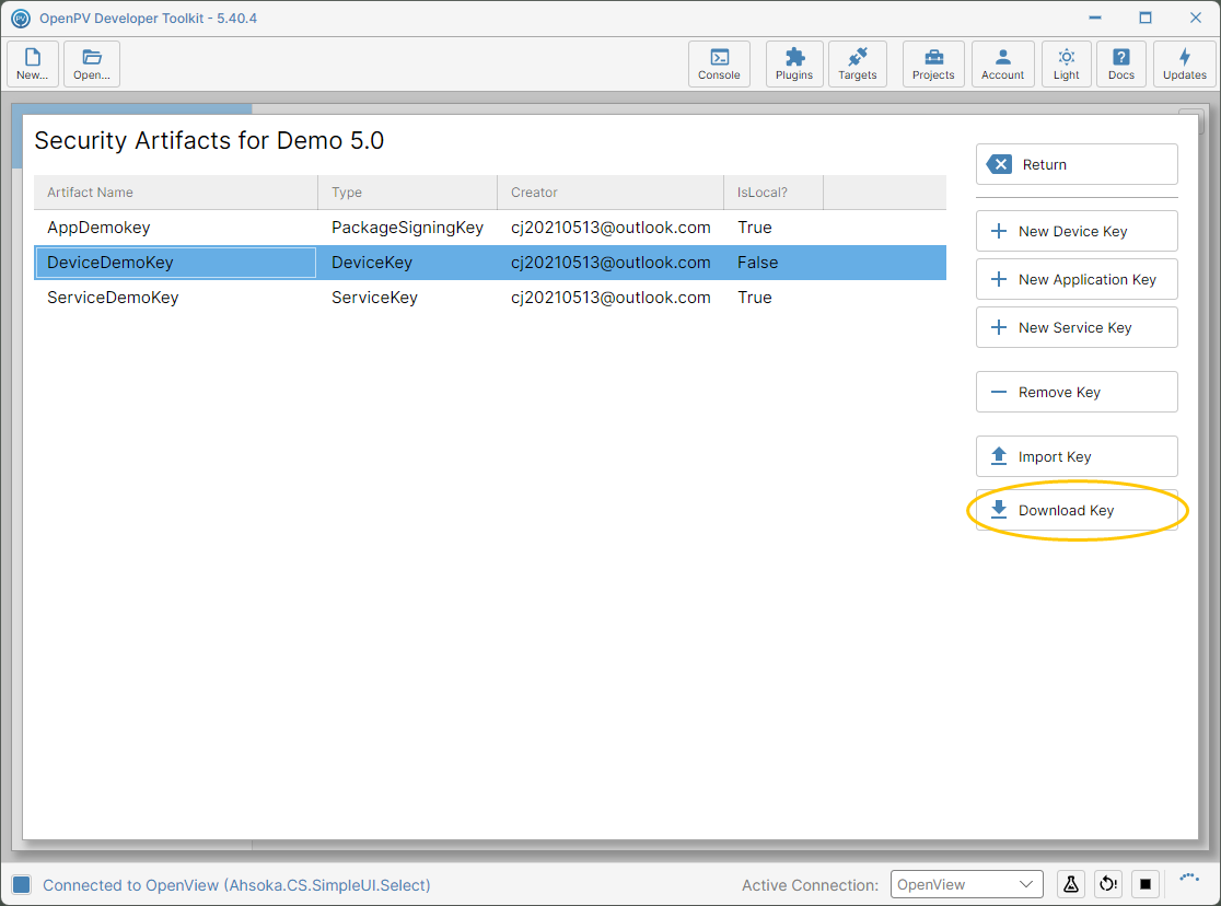 DeviceDemoKey selected, and the Download Key button