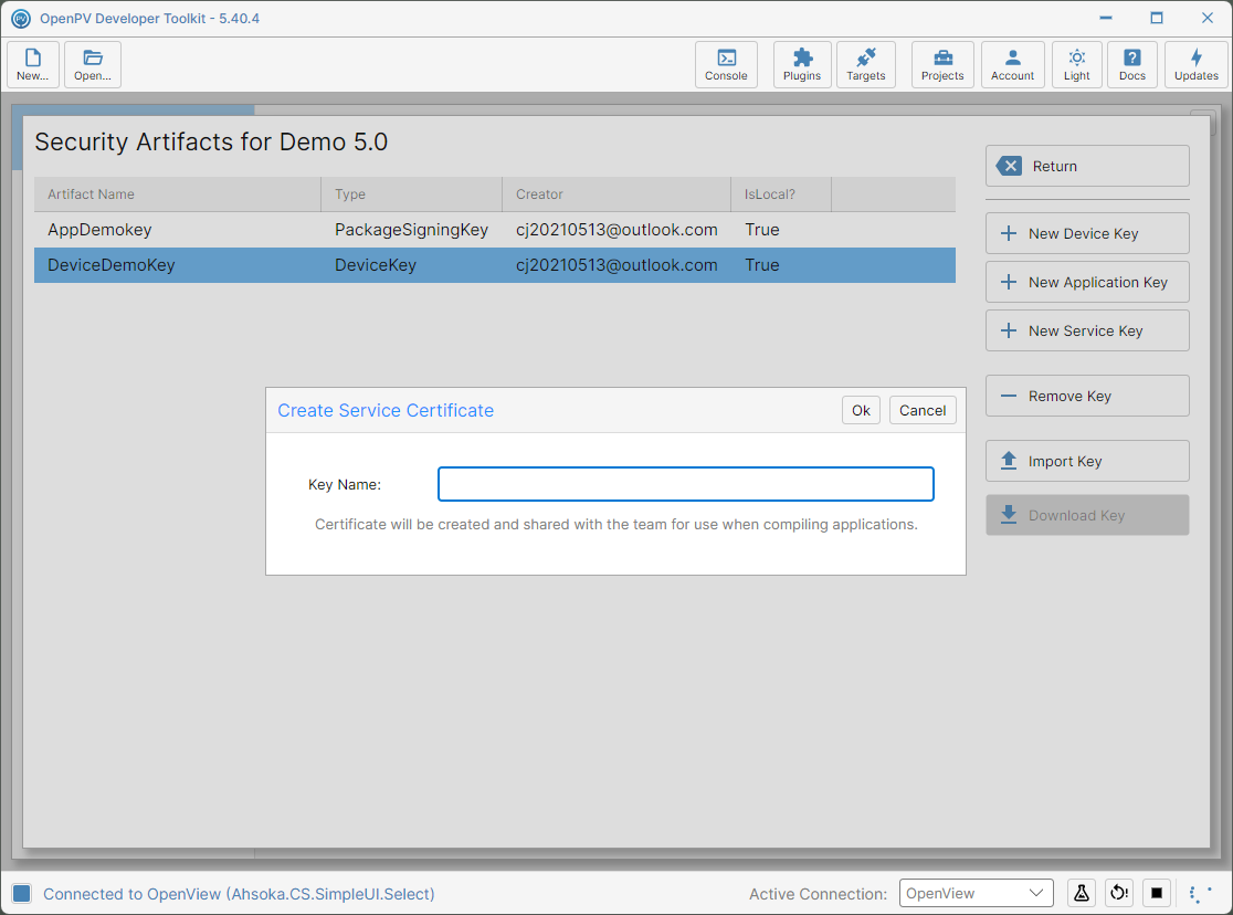 The Create Service Certificate dialog
