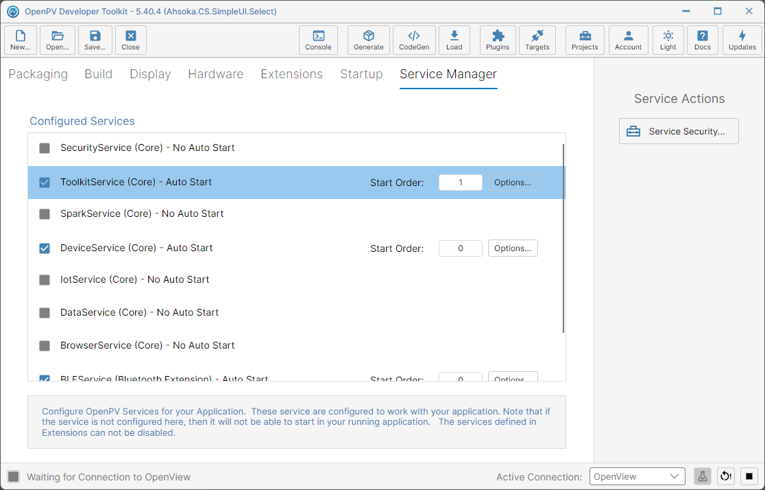 The Service Manager panel, with ToolkitService's Start Order set to 1