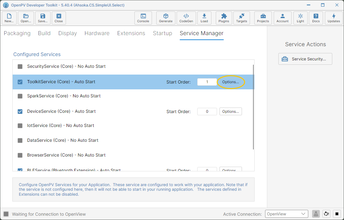 The Options... button for ToolkitService