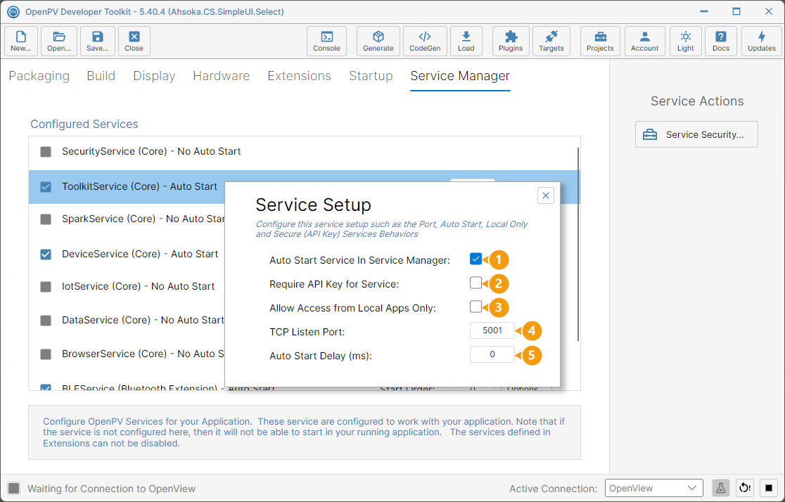 Service Setup, with each field numbered
