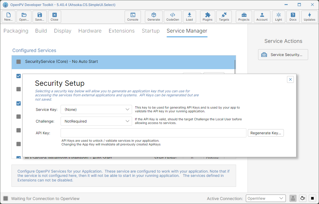 The Security Setup dialog, before a key is chosen