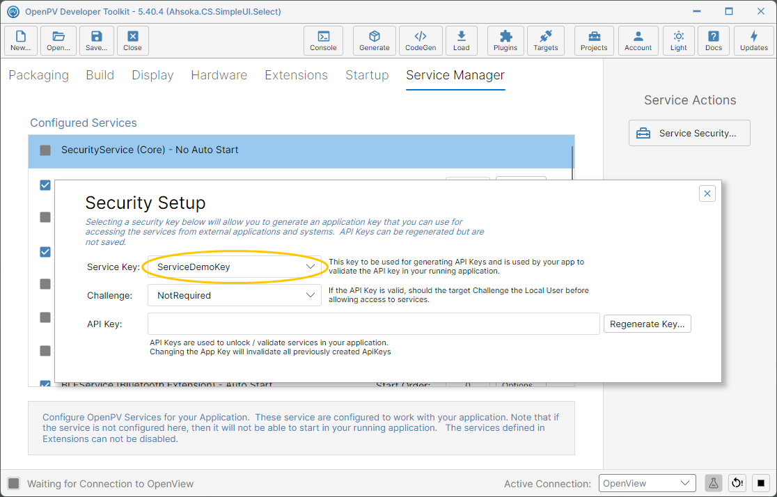 ServiceDemoKey selected as the Service Key