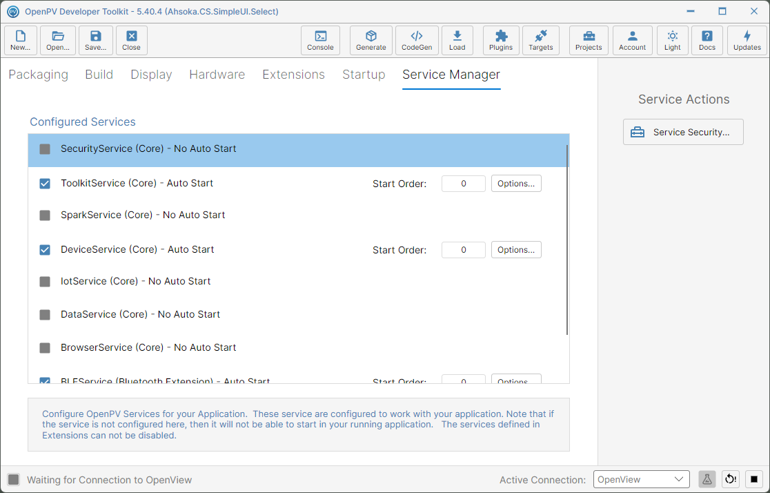 Back at the service list, after closing Security Setup