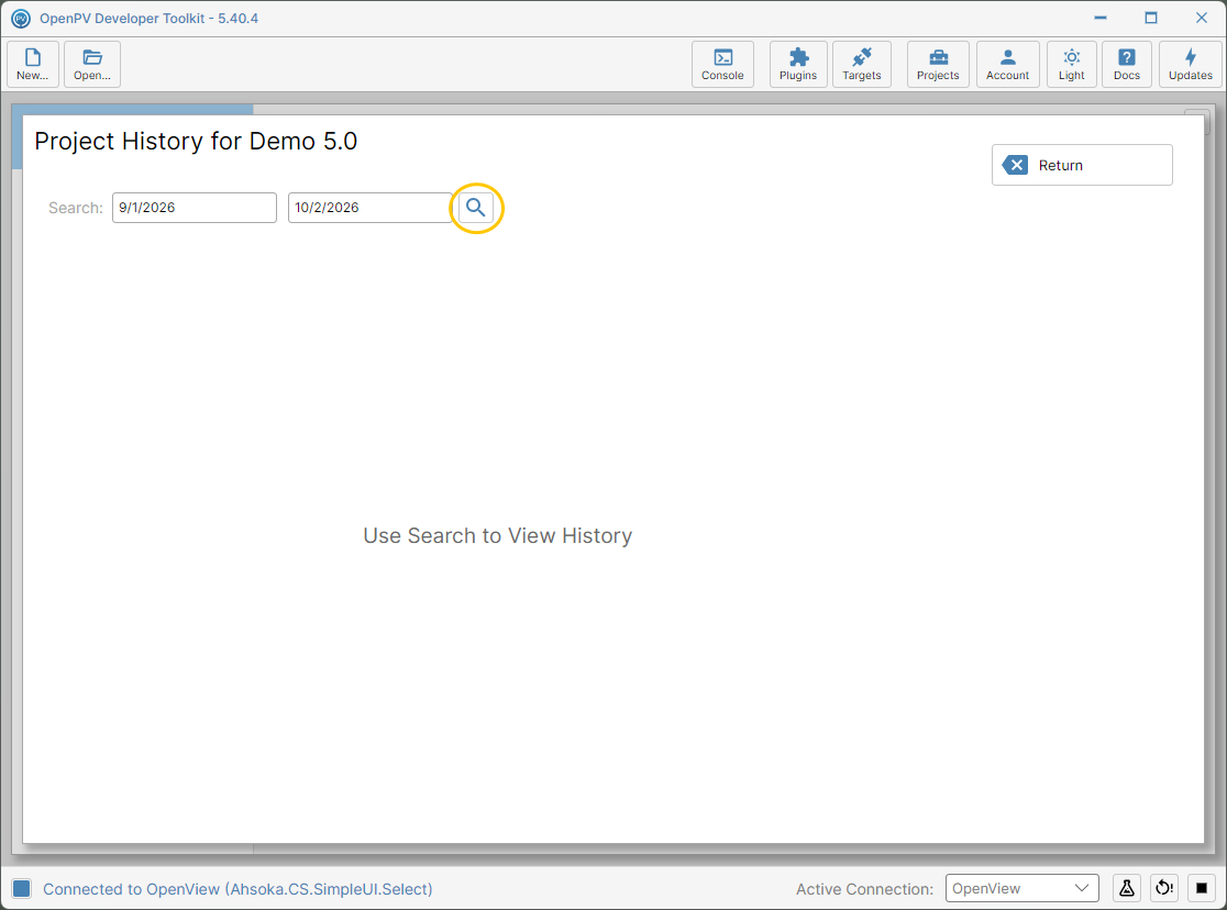 Project History, with the date range and search button