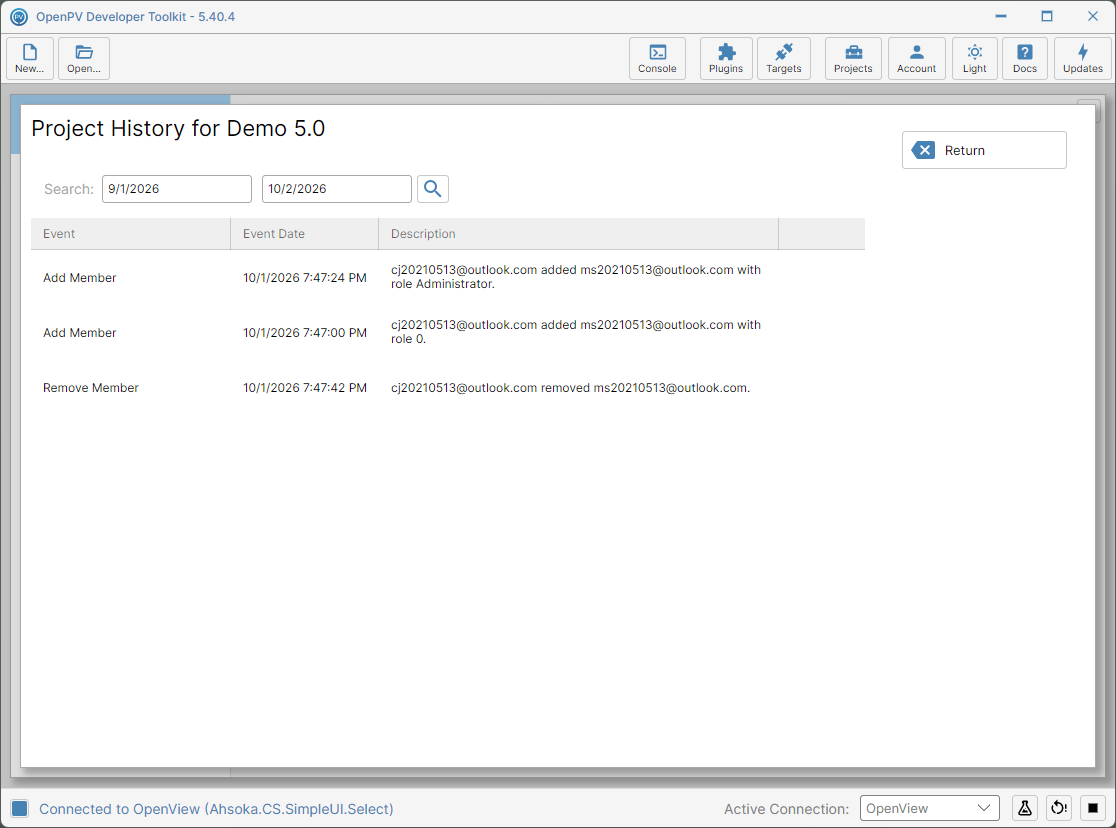 Project History, listing the member changes