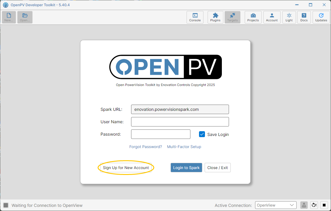 The Sign Up for New Account button on the sign-in screen