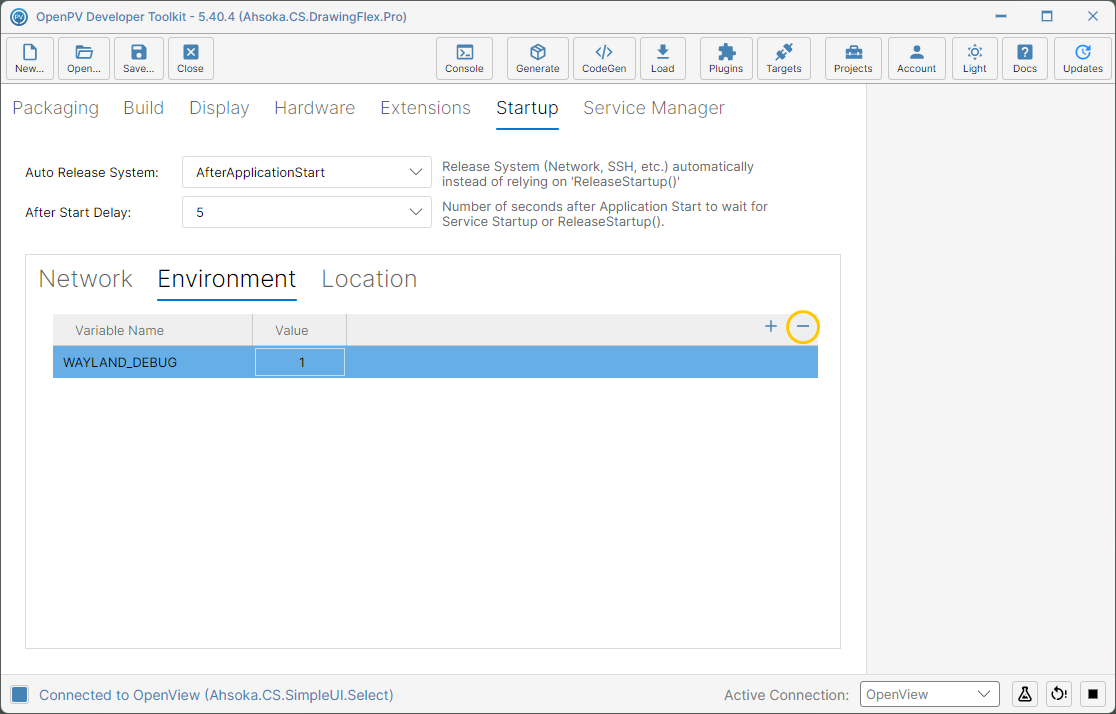 WAYLAND_DEBUG selected, with the − button