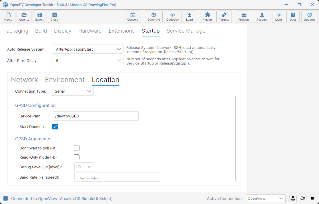 The Location sub-tab, with Serial settings