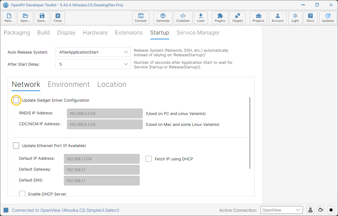 The Update Gadget Driver Configuration checkbox