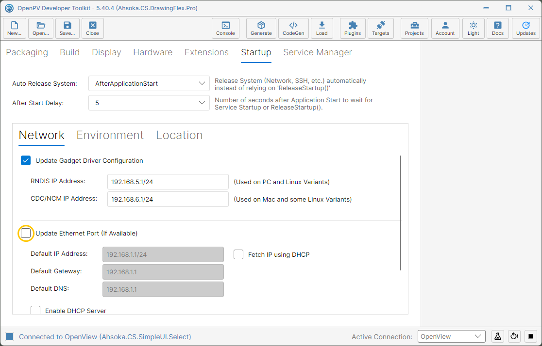 The gadget addresses unlocked, and the Update Ethernet Port checkbox