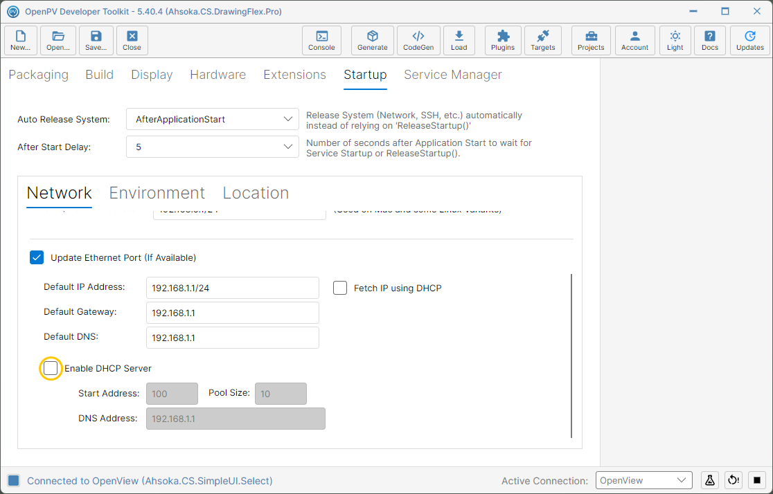 The Ethernet settings, with the Enable DHCP Server checkbox