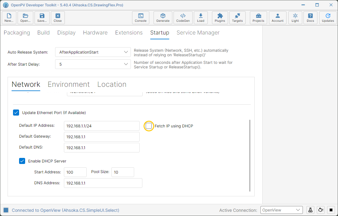 The DHCP Server settings, and the Fetch IP using DHCP checkbox