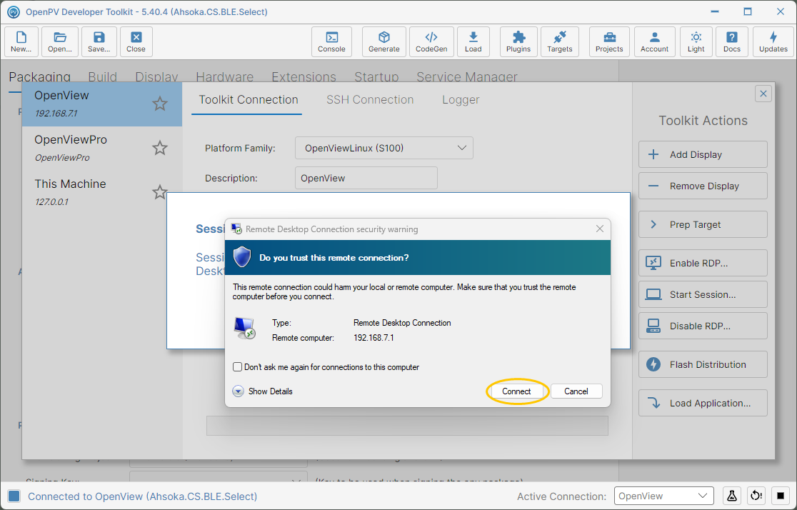 The Windows Remote Desktop trust prompt, alongside the app's own Session Started dialog