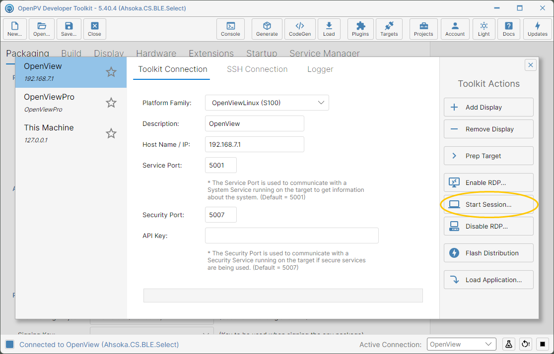 The Start Session button in Toolkit Actions