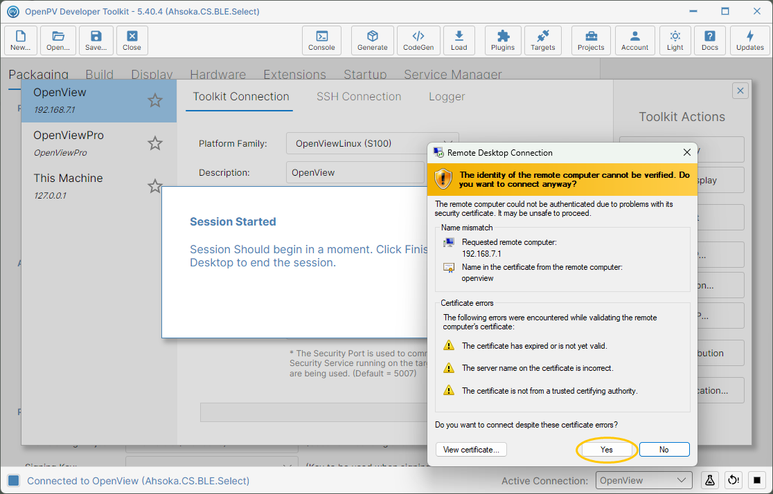 Remote Desktop's certificate warning for the display's self-signed certificate