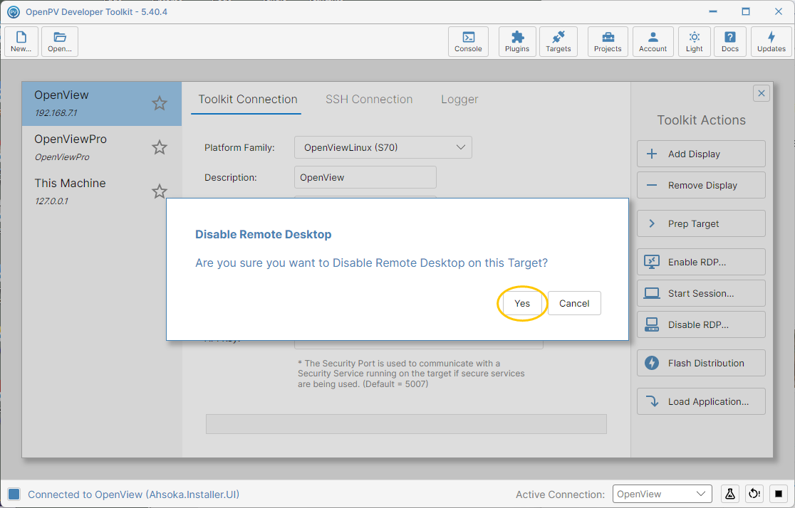 The Disable RDP confirmation dialog