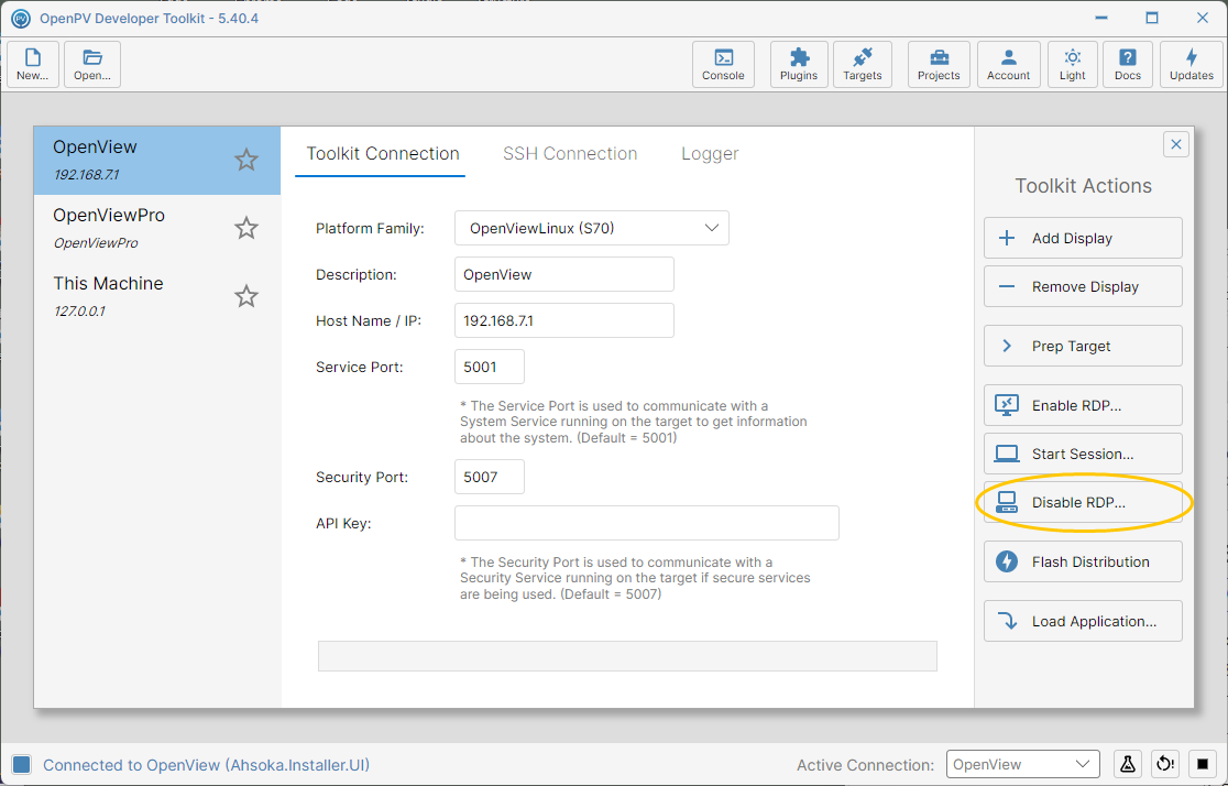 The Disable RDP button in Toolkit Actions