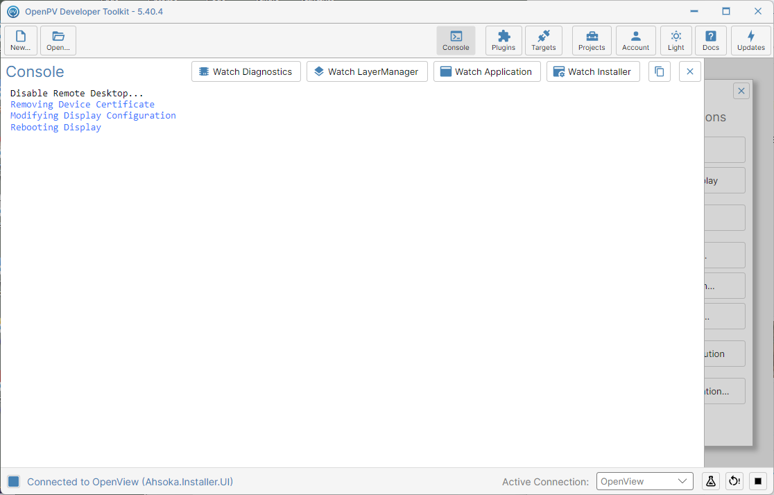 The Console log after Disable RDP — it ran and rebooted the device regardless