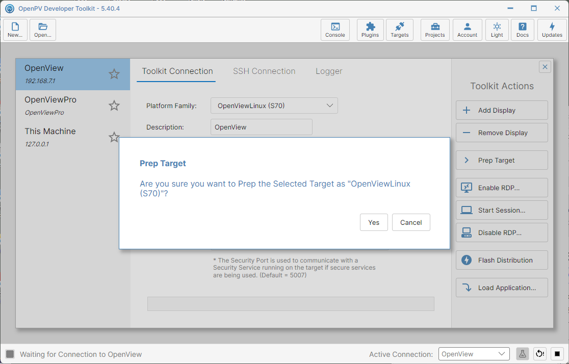 The Prep Target confirmation dialog