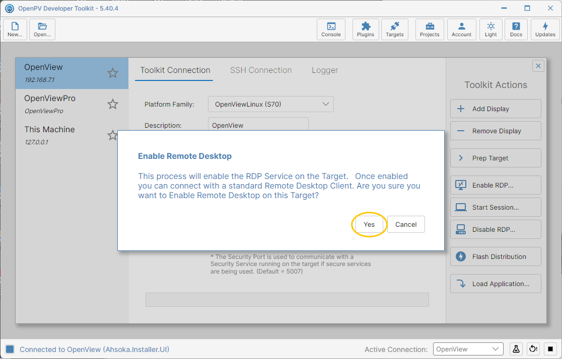 The Enable RDP confirmation dialog