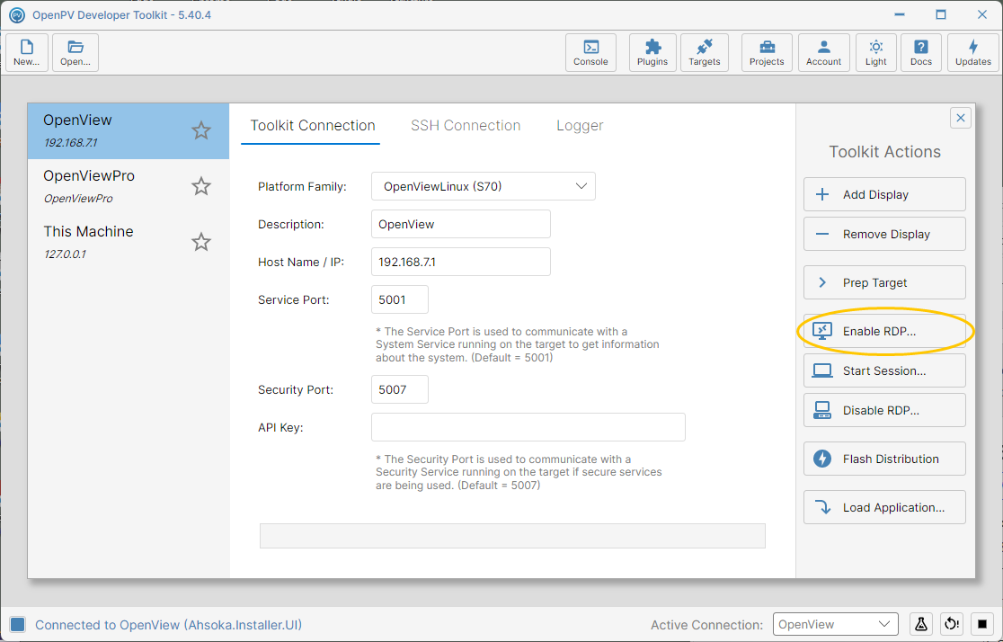 The Enable RDP button in Toolkit Actions