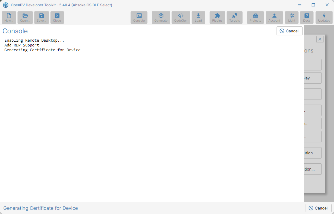 The Console panel while Enable RDP generates a device certificate