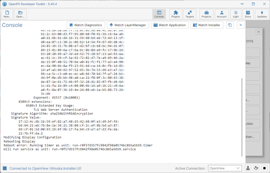 The Console log after Enable RDP — certificate generated, display configured and rebooted