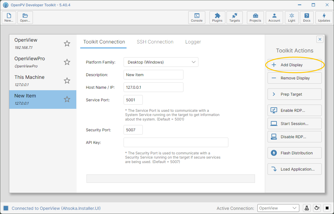 A new connection added with default values