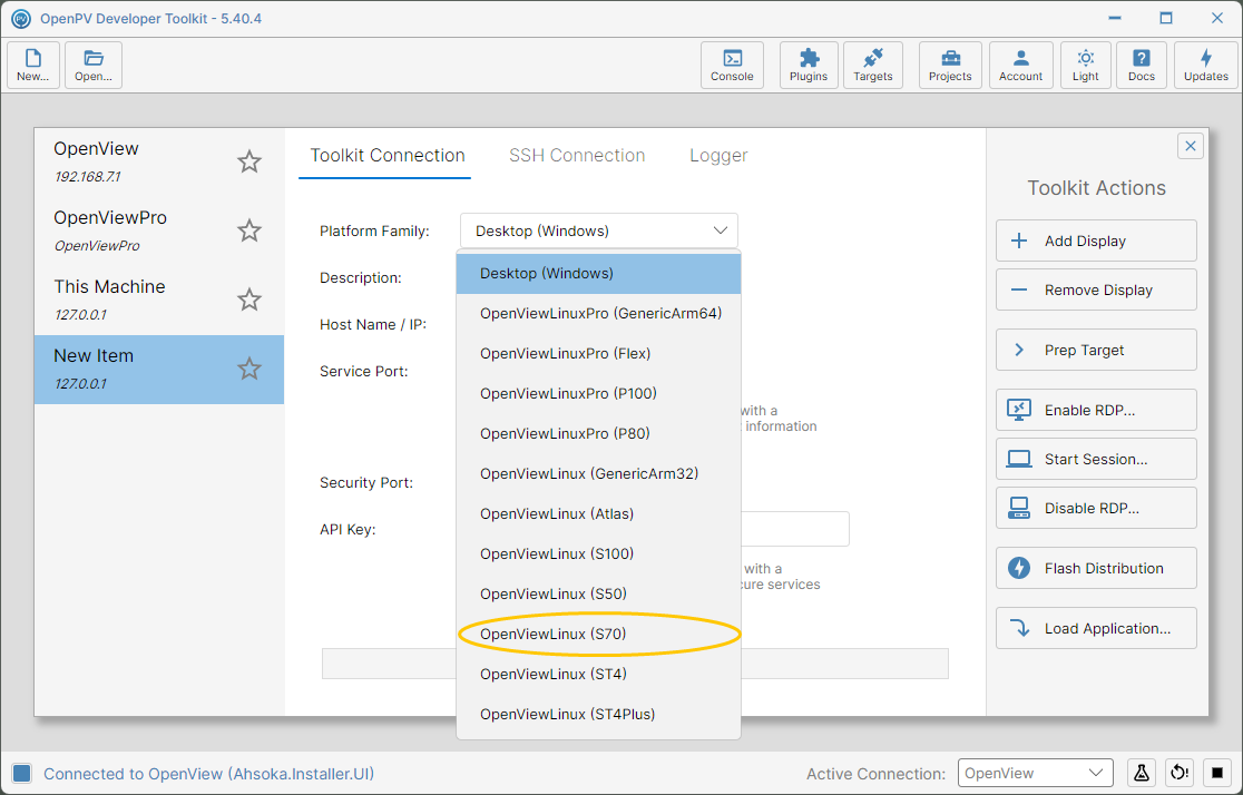 The Platform Family dropdown, with every supported display model