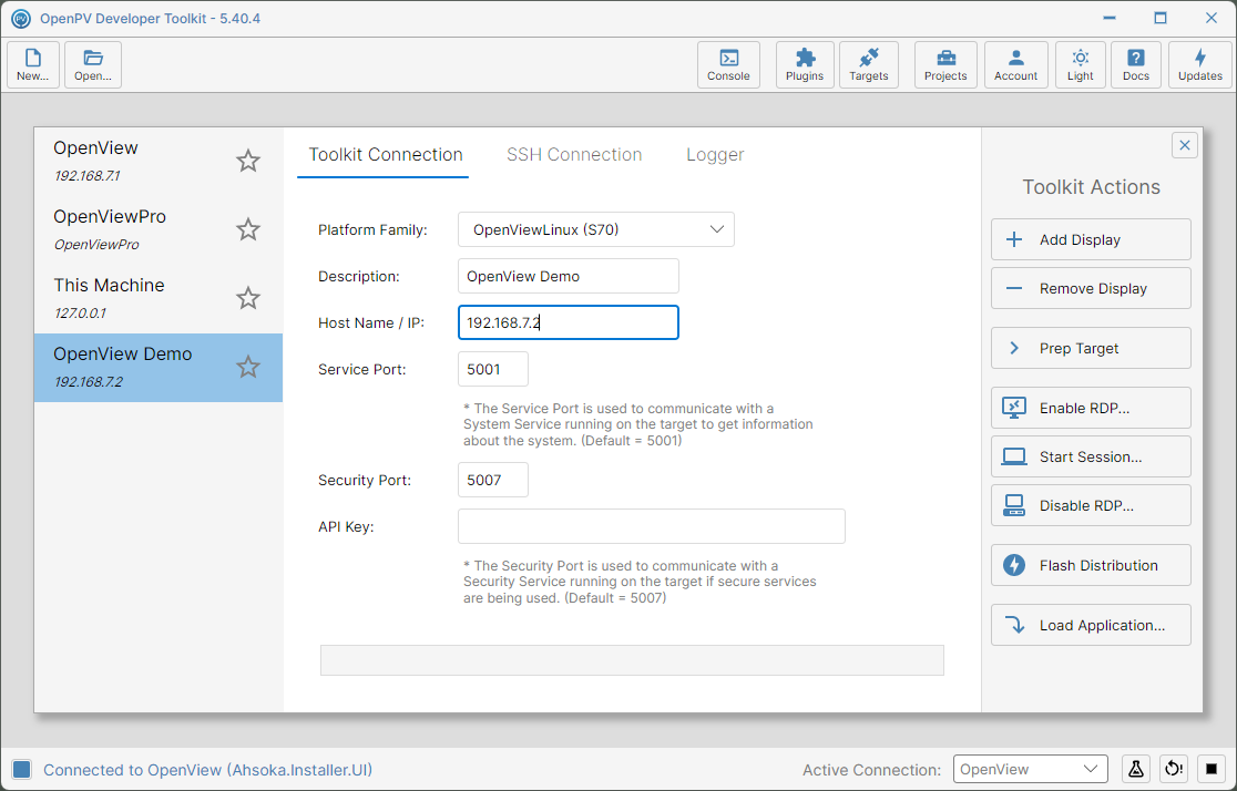 The new connection fully configured as OpenView Demo