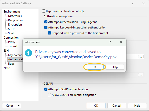 The confirmation that the key was converted