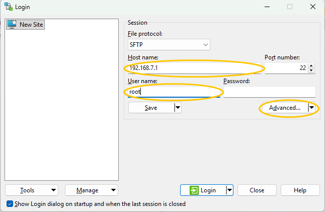 The Login dialog with the display's address and login name, and the Advanced button