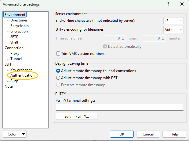 The Authentication page under SSH in Advanced Site Settings