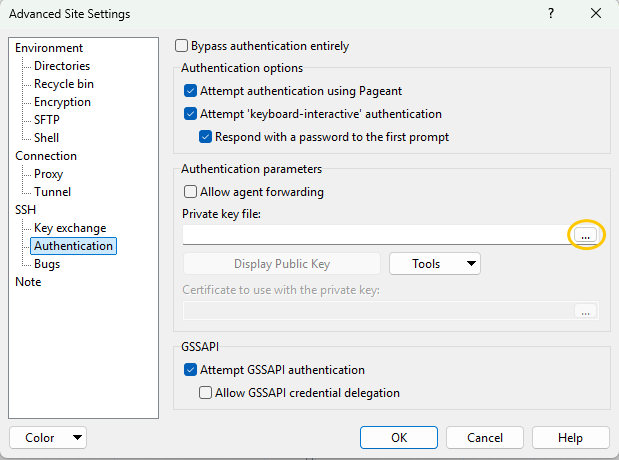 The browse button for Private key file