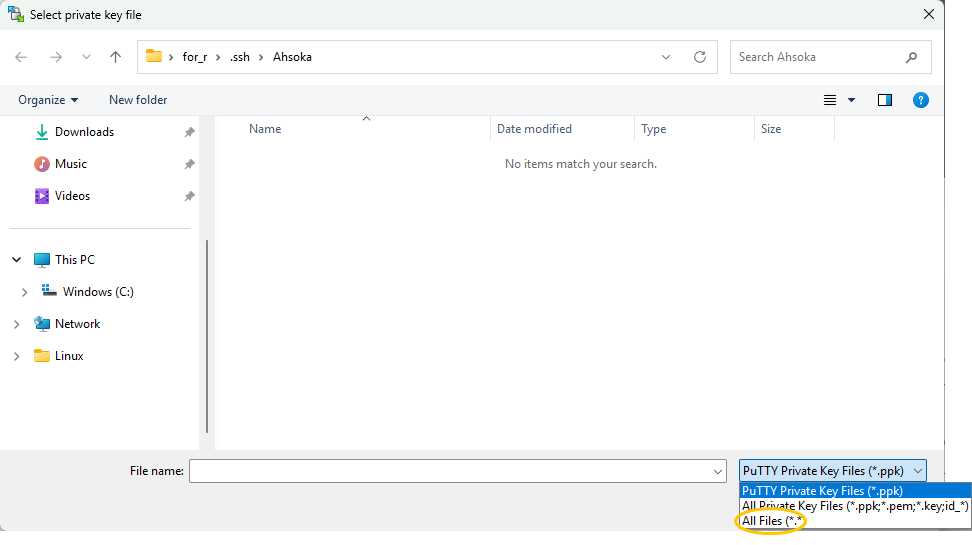 Switching the file type to All Files