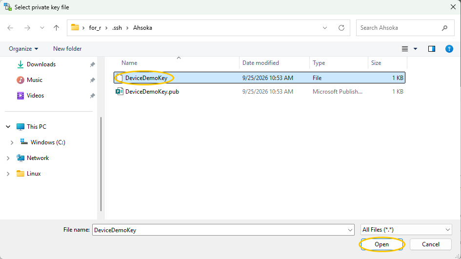 DeviceDemoKey selected in the file picker