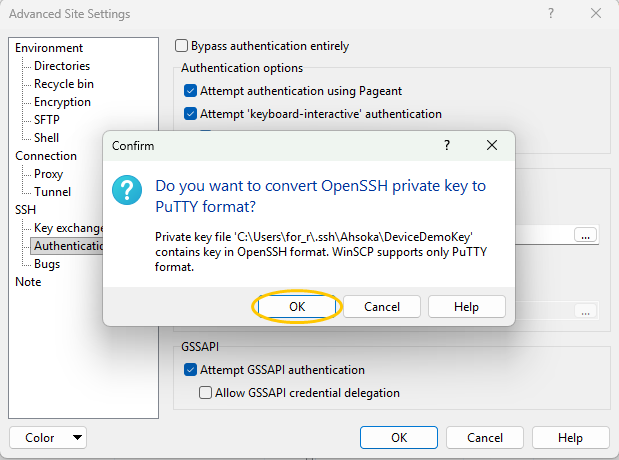 WinSCP offering to convert the OpenSSH key to PuTTY format