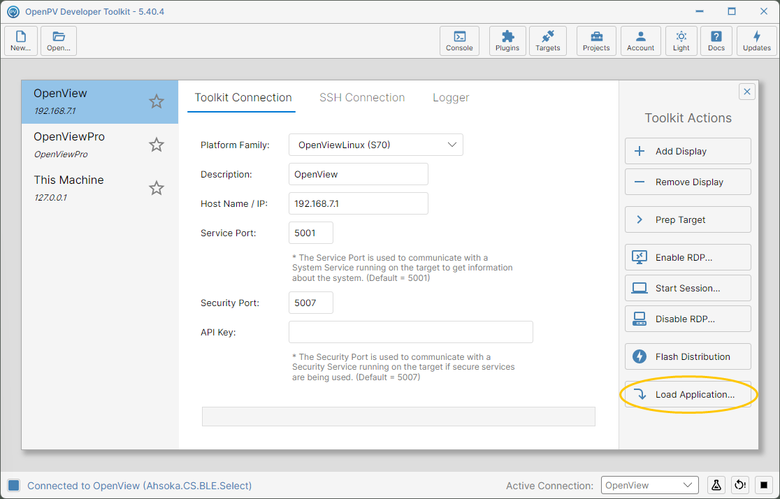 The Load Application button in Toolkit Actions