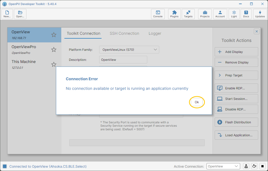 The Connection Error shown while an application is running on the display