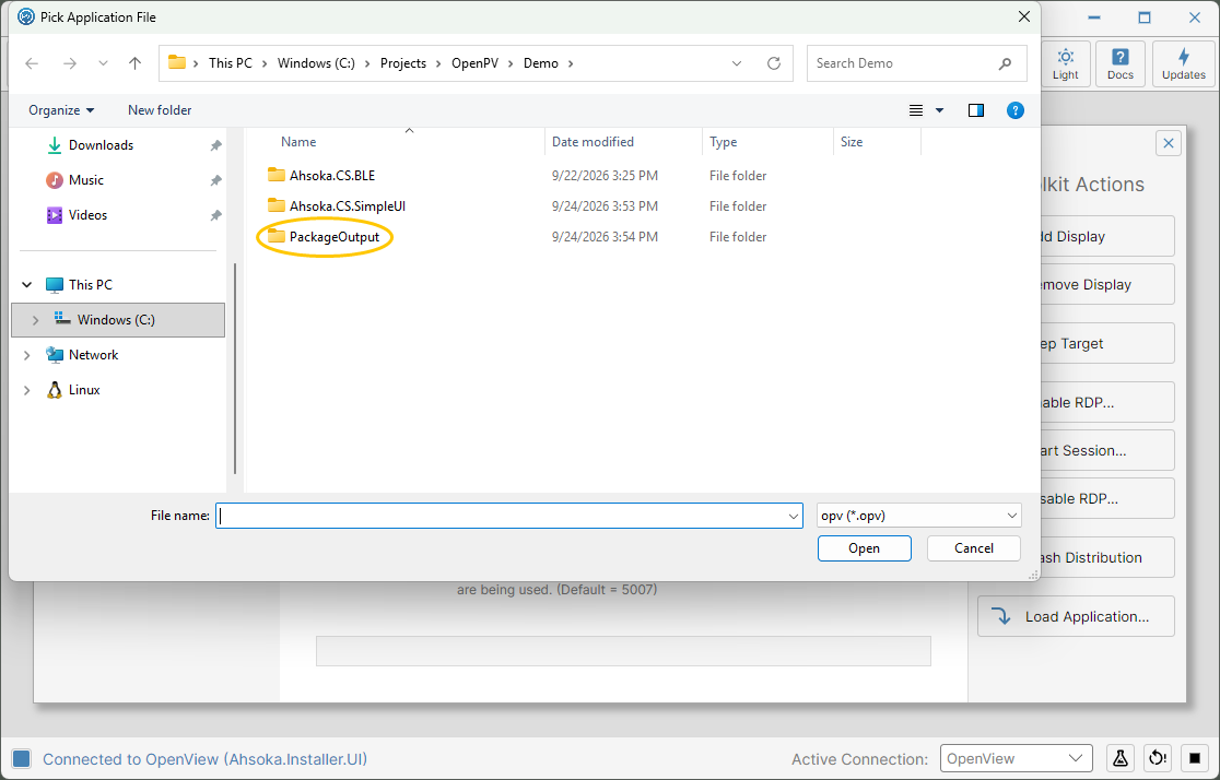 The Pick Application File dialog, filtered to .opv packages
