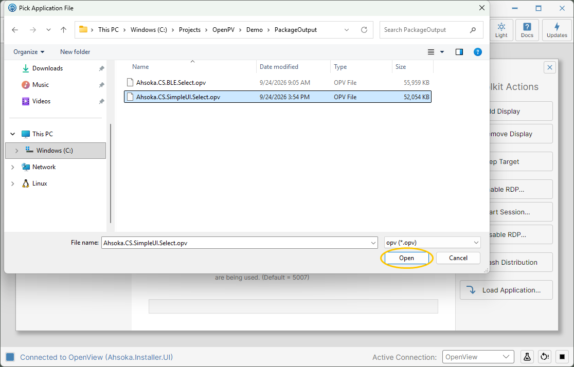 The SimpleUI package selected, ready to open