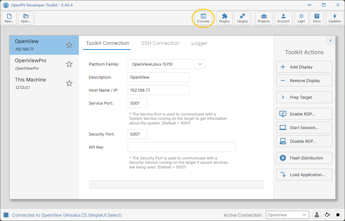 The Targets panel after the install, with the new application running